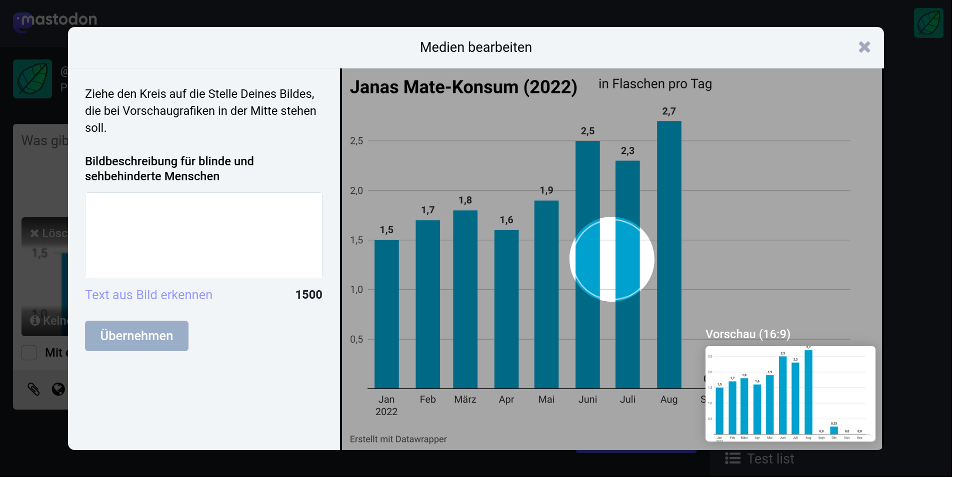 Ein Screenshot vom Bilder-Upload-Dialog auf Mastodon. Neben der Vorschau des Bildes, das gerade hochgeladen wird, gibt es ein Textfeld zur Eingabe einer Bildbeschreibung.